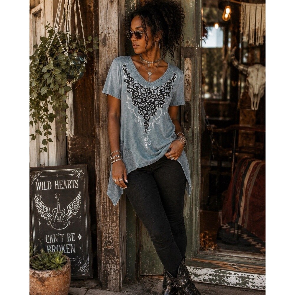 Vocal USA Teal Sharkbite Tunic Top L Studded Embellished Crochet Panel Boho Rock